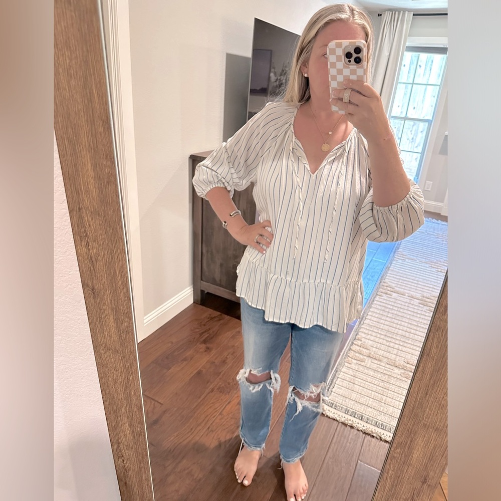 Old Navy Striped Navy and White Peplum Ruffle Top With Neck Ties